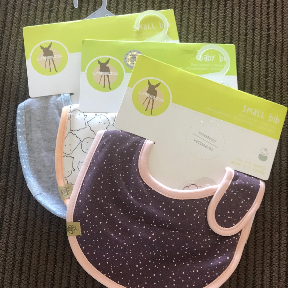 Set of new Lassig baby bibs and bandana